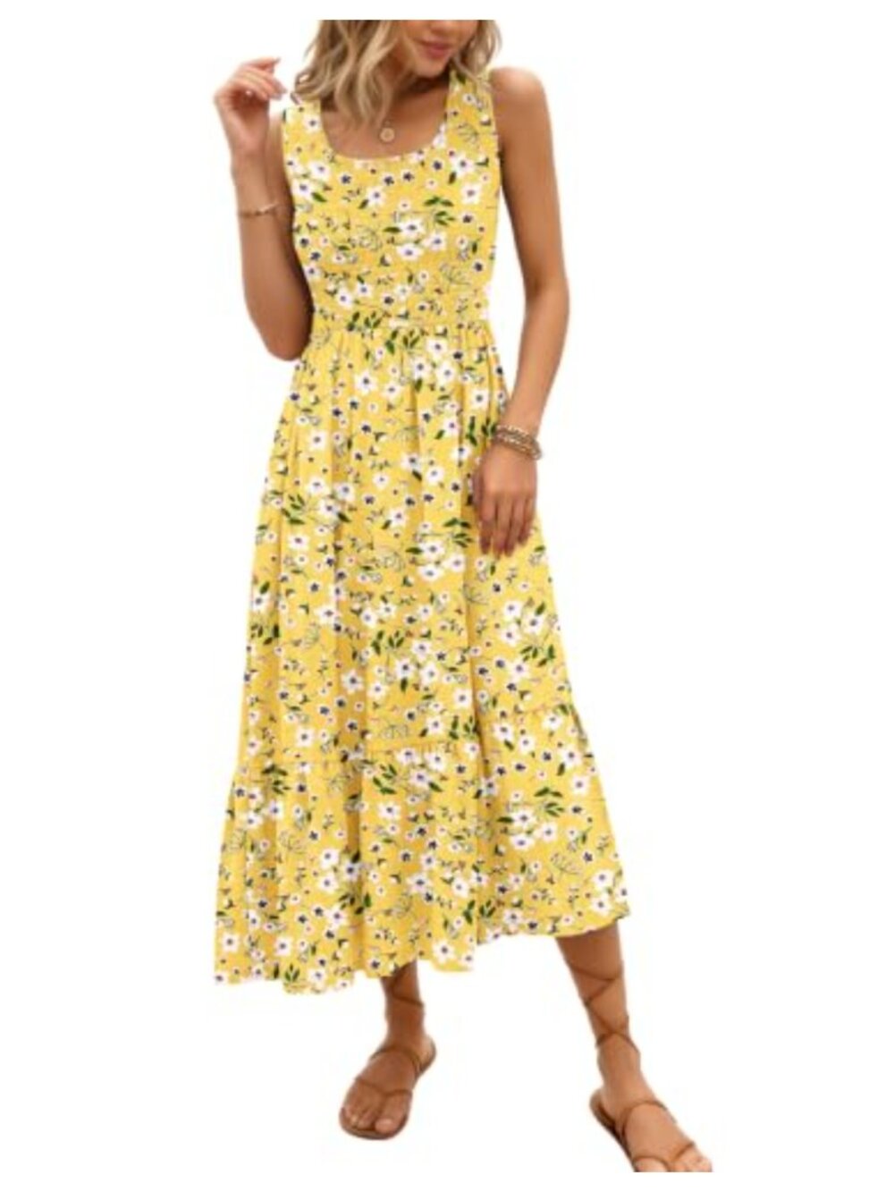 Women's Sleeveless Smocked Maxi Dress Flowy Bohemian Tiered Casual